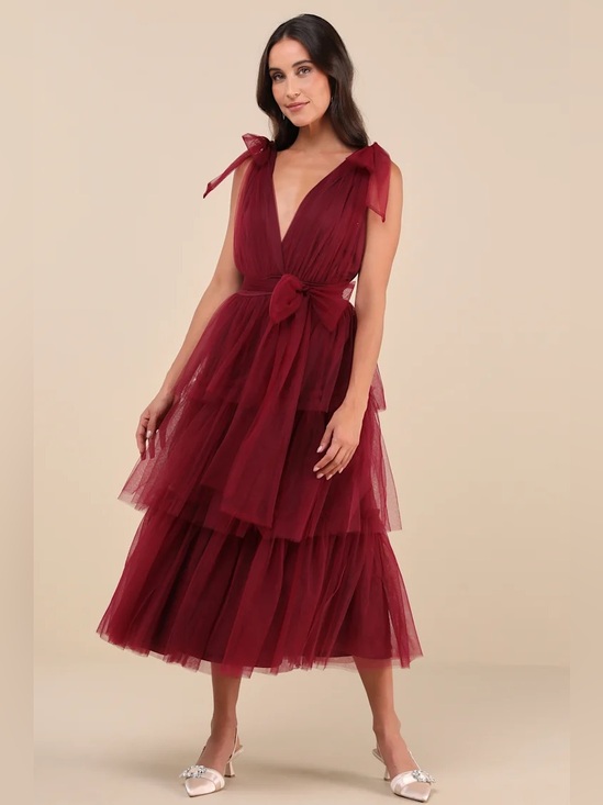 Lulus Dresses & Skirts - Lulus Flawless Burgundy Tulle Tie-Strap Tiered Maxi Dress Size Medium